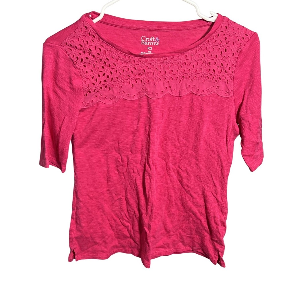 Croft & Barrow Petite PXS Hot Pink Eyelet Lace Neckline 3/4 Sleeve T-Shirt Top